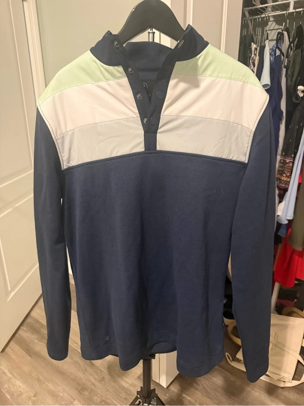 Men's Navy Blue Colorblock Snap-Front Sweater